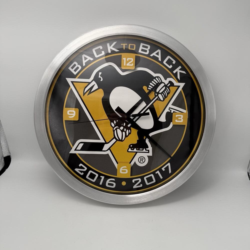 WinCraft Chrome 14” Clock NHL Pittsburgh Penguins Back To Back Champions - Picture 2 of 7